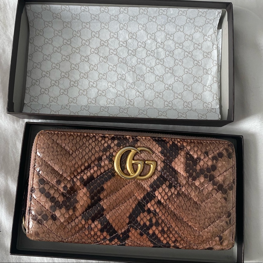 Gucci Gg Marmont Zip Around Matelasse Python Wallet Color: Pink Snakeskin